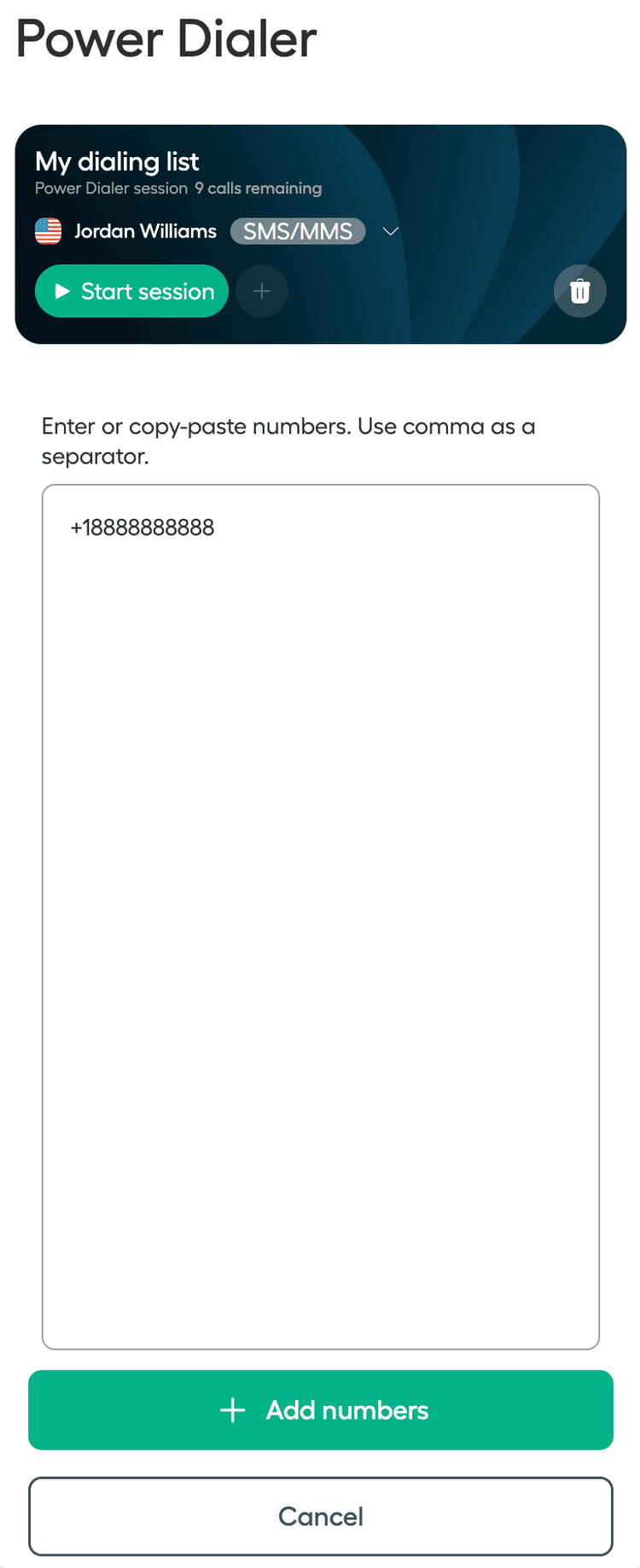 Bild, das zeigt, wie Rufnummern im Power Dialer manuell hinzugefügt werden