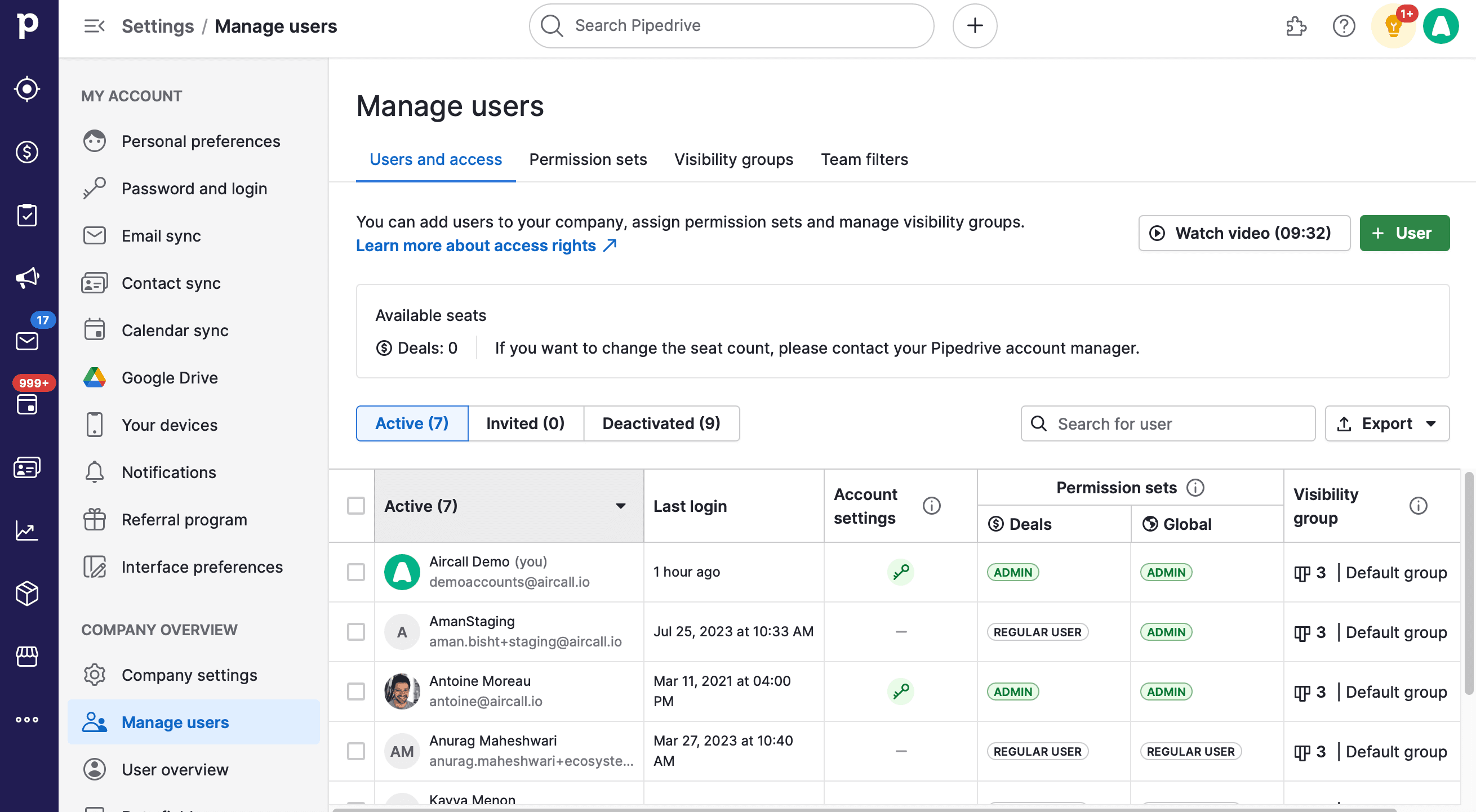 Pipedrive-Seite „Benutzer verwalten“ mit Liste aktiver, eingeladener und deaktivierter Benutzer sowie Kontostatus, letzter Anmeldung, Berechtigungssätzen und Sichtbarkeitsgruppen..png