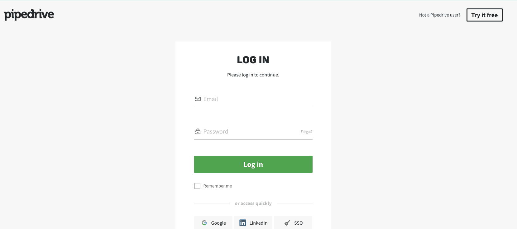 Pipedrive-Anmeldebildschirm mit Feldern für E-Mail und Passwort sowie Optionen für die Anmeldung mit Google, LinkedIn oder SSO..png