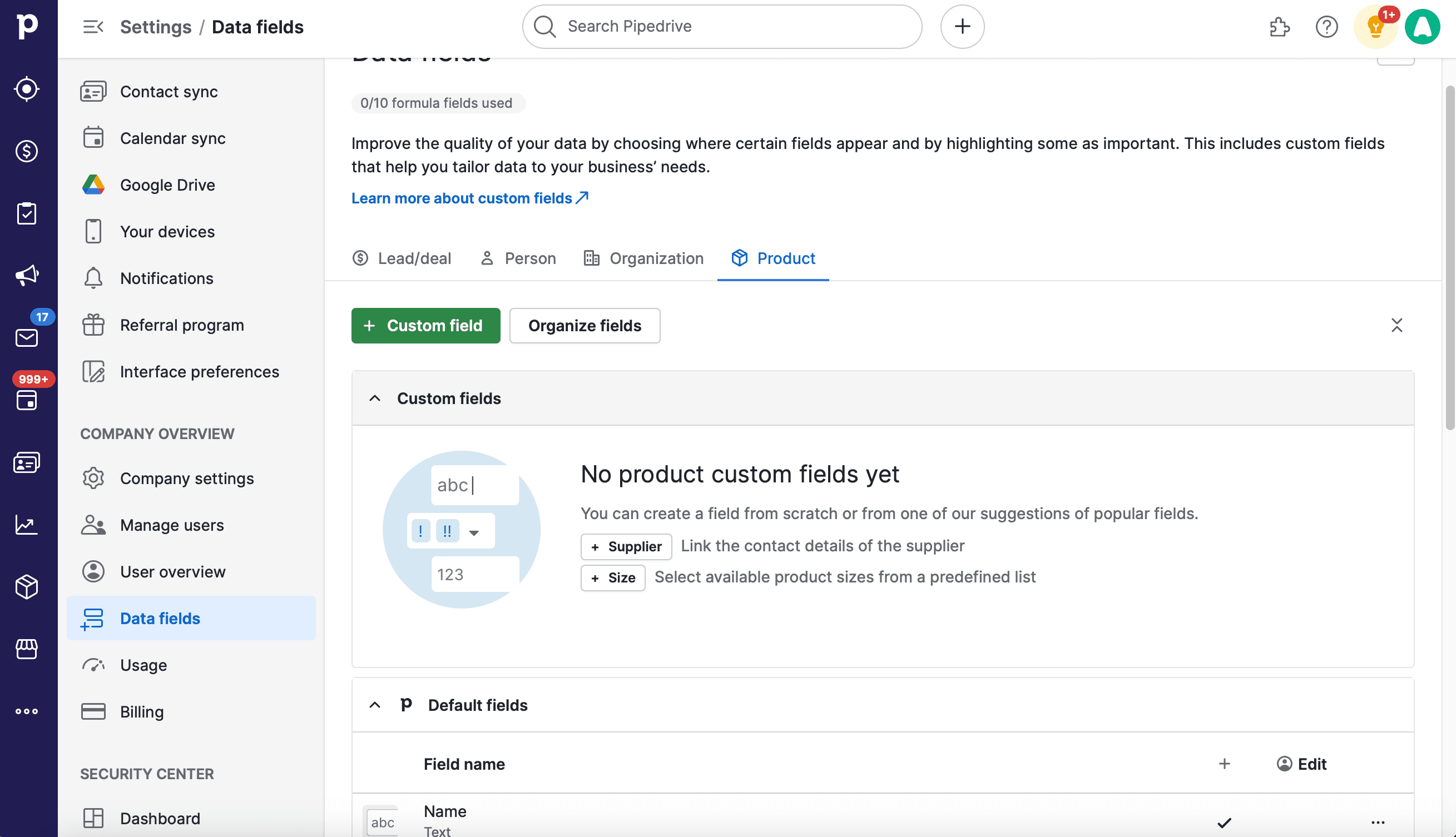 Pipedrive-Einstellungen für Datenfelder auf der Registerkarte „Produkt“, die zeigen, dass noch keine benutzerdefinierten Produktfelder erstellt wurden, mit Optionen zum Hinzufügen eines benutzerdefinierten Felds oder zum Organisieren von Feldern..png
