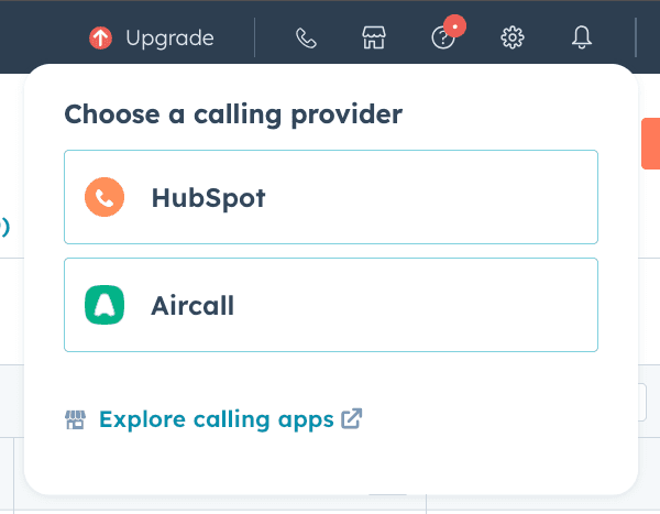 Menu de sélection du fournisseur d'appels HubSpot affichant les options HubSpot et Aircall.png