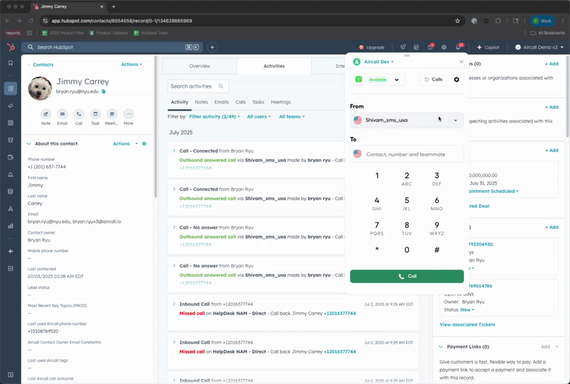 Composeur Aircall intégré dans la vue contact de HubSpot, permettant les appels et les messages directement depuis une fiche contact