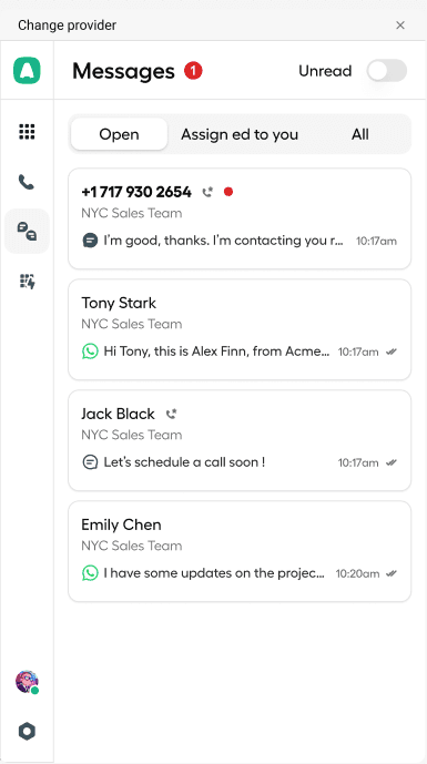 Vue Messages dans l’application de bureau Aircall affichant les conversations SMS et WhatsApp récentes..png