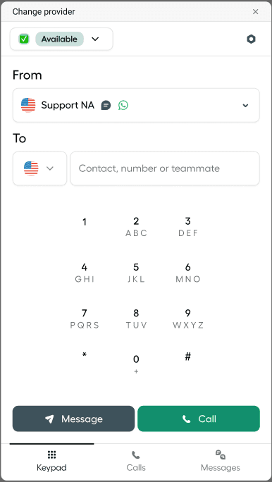 Clavier de l’application de bureau Aircall affichant les options pour appeler ou envoyer un message à un contact..png