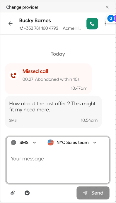 Vista de conversación en la aplicación de escritorio de Aircall que muestra detalles de llamadas perdidas y opciones de respuesta por SMS..png