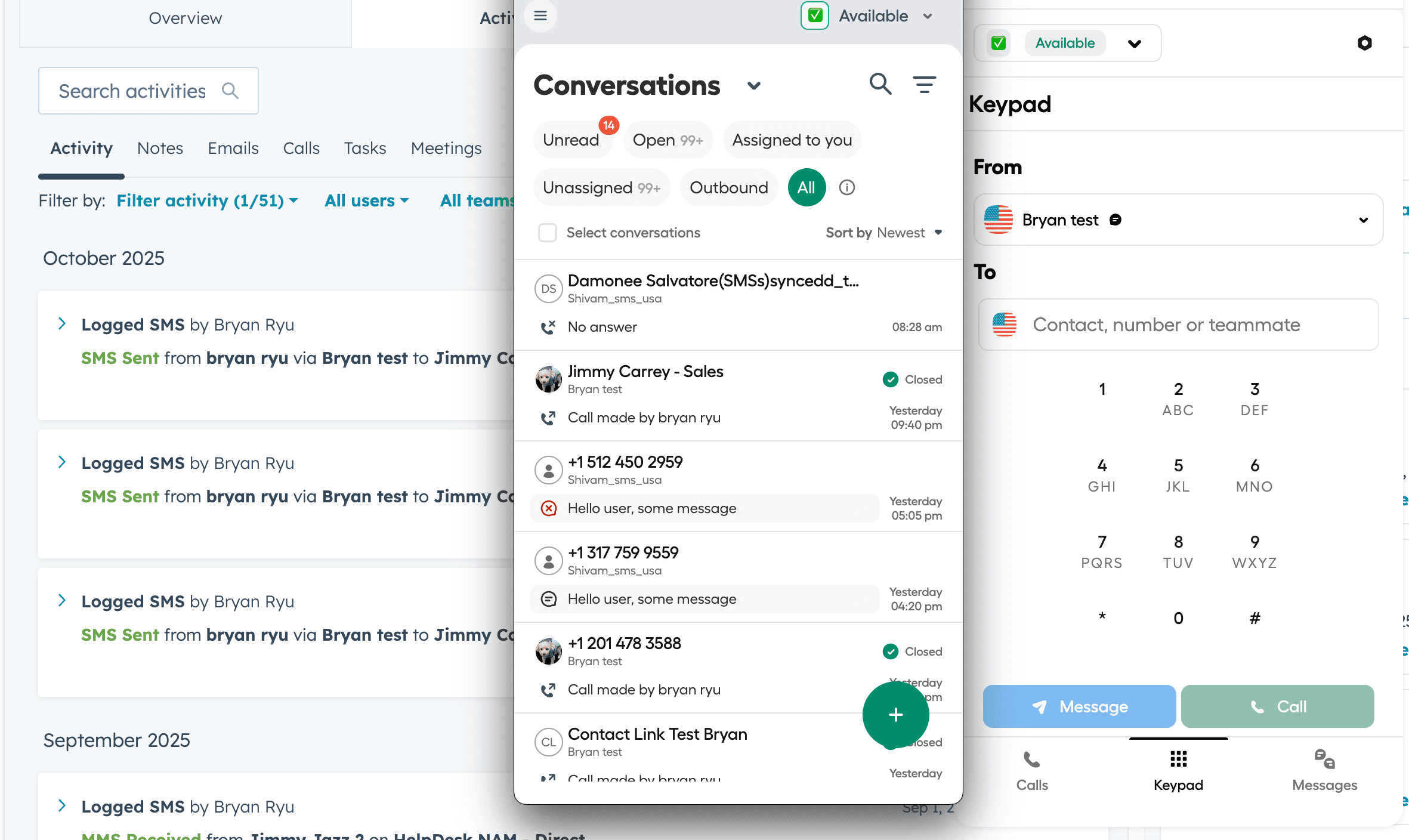 Application Aircall intégrée dans HubSpot affichant les onglets conversations et clavier ainsi que l'activité SMS enregistrée dans la chronologie d'activité HubSpot.