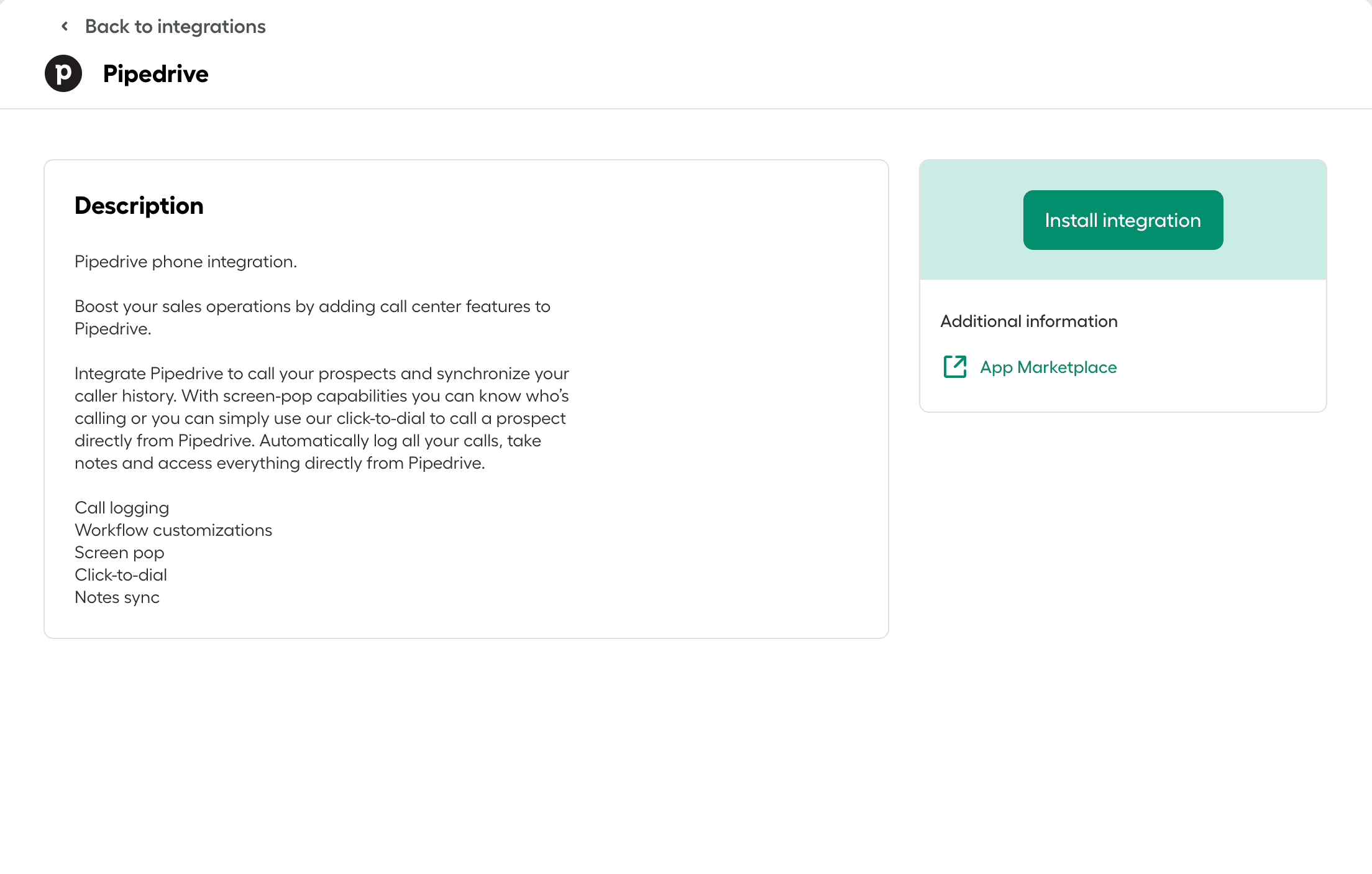 Aircall-Integrationsseite mit Beschreibung der Pipedrive-Integration, Funktionen und Schaltfläche „Integration installieren“..png