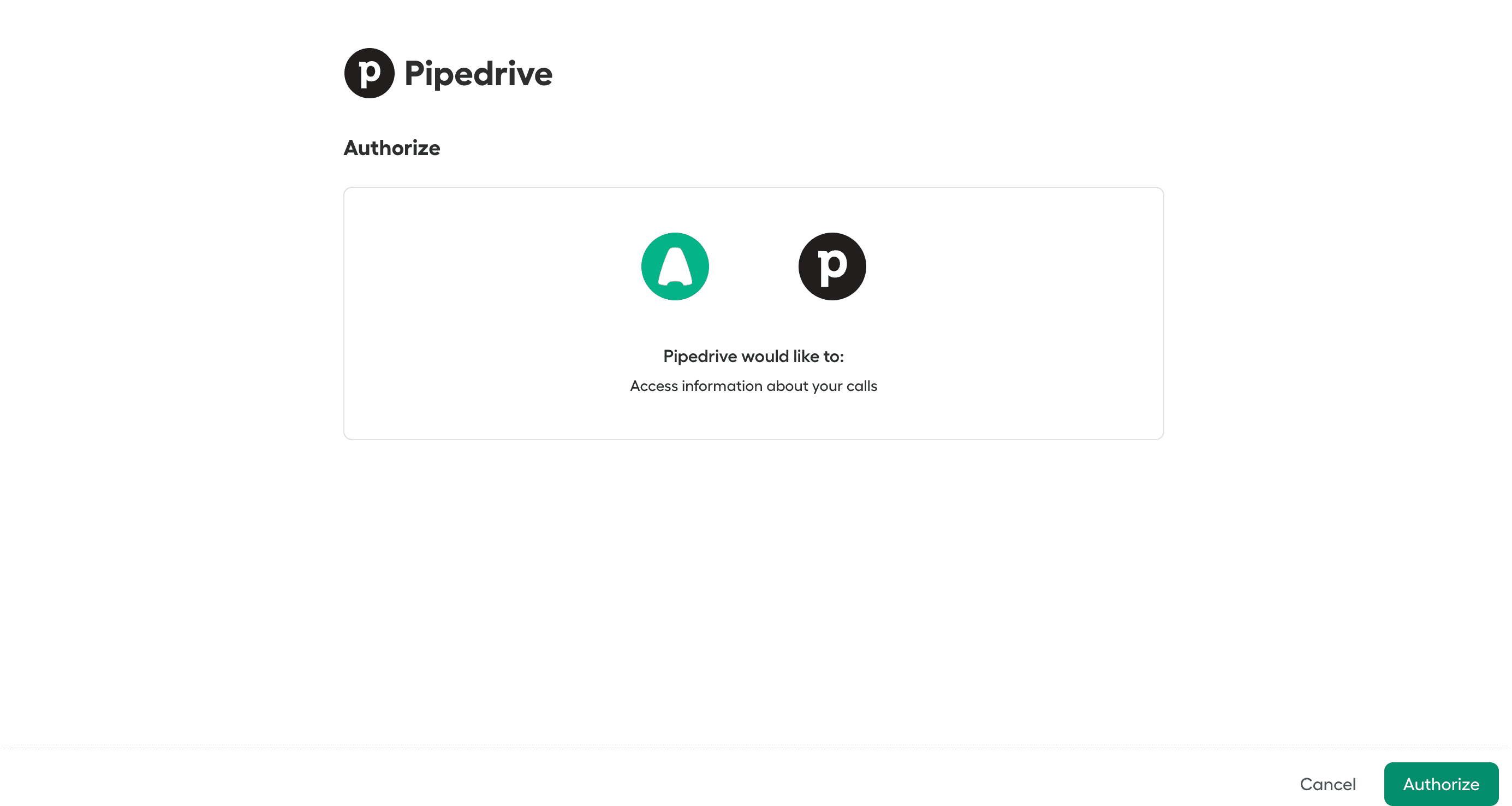 Autorisierungsbildschirm mit Aircall- und Pipedrive-Logos sowie der Aufforderung, den Zugriff auf Anrufinformationen zu erlauben, und einer Schaltfläche „Autorisieren“..png