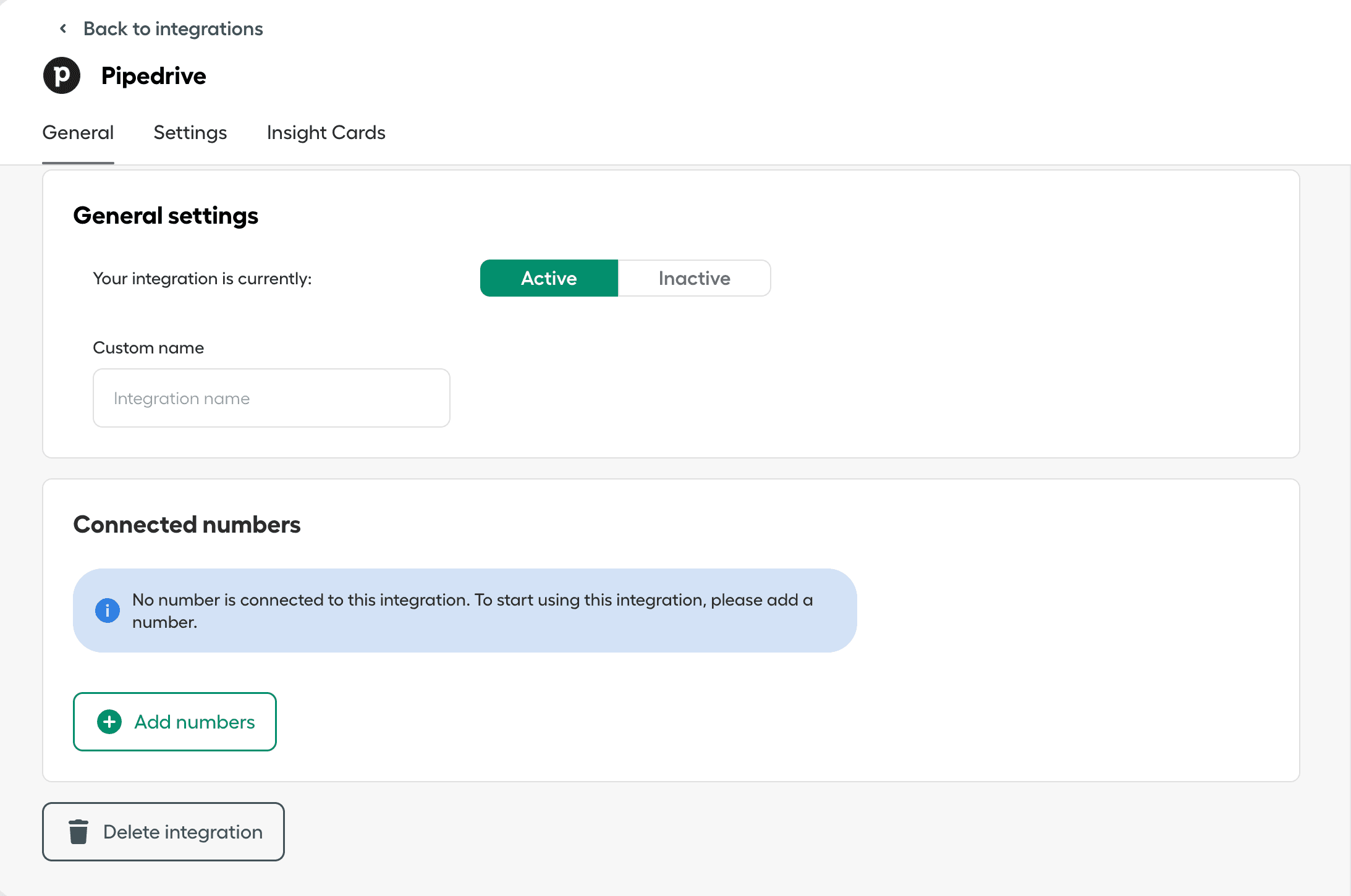 Seite mit Integrationseinstellungen, die den Statusschalter der Pipedrive-Integration, den Abschnitt mit verbundenen Rufnummern, die Schaltfläche „Rufnummern hinzufügen“ und die Option „Integration löschen“ zeigt..png