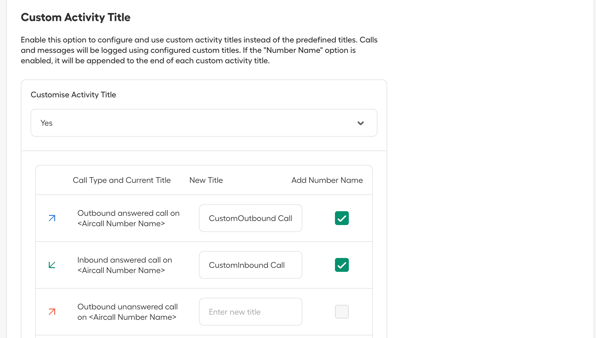 Einstellungen für benutzerdefinierte Aktivitätstitel, ausgefüllt mit Beispielen, die die angepassten Titel „CustomOutbound Call“ und „CustomInbound Call“ mit aktivierter Nummernnamensoption zeigen..png