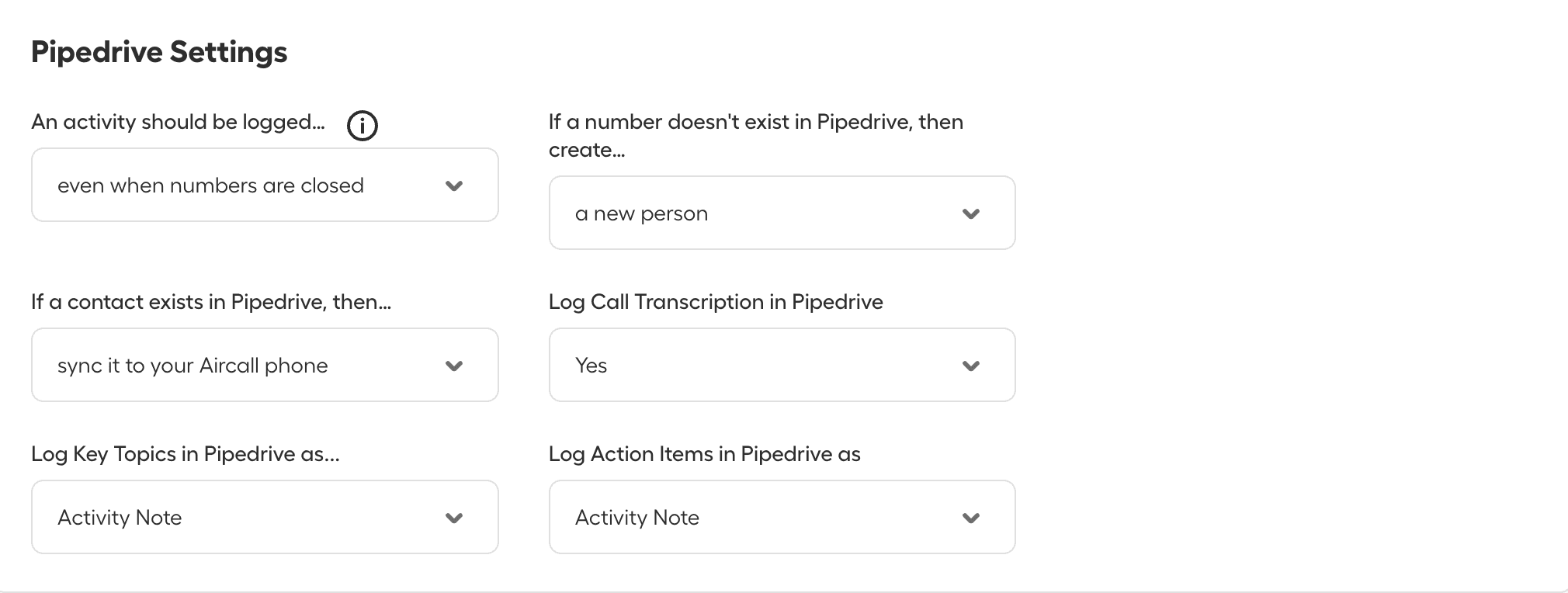 Bereich „Pipedrive-Einstellungen“ mit Optionen zur Protokollierung von Aktivitäten, zur Erstellung neuer Kontakte, zur Synchronisierung vorhandener Kontakte sowie zur Protokollierung von Anruftranskription, Schlüsselthemen und Aktionspunkten..png