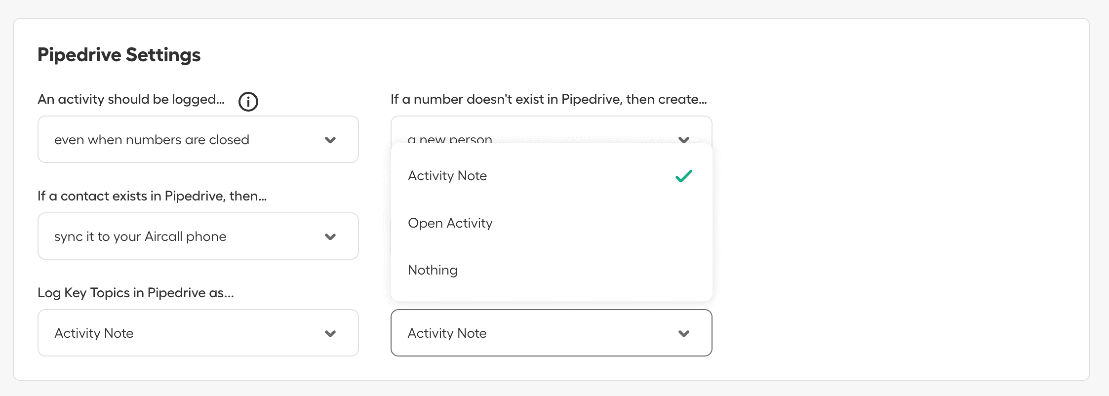 Dropdown-Menü in den Pipedrive-Einstellungen zur Auswahl, wie Datensätze erstellt werden, wenn eine Rufnummer nicht existiert, mit Optionen wie Aktivitätsnotiz, offene Aktivität oder nichts..png