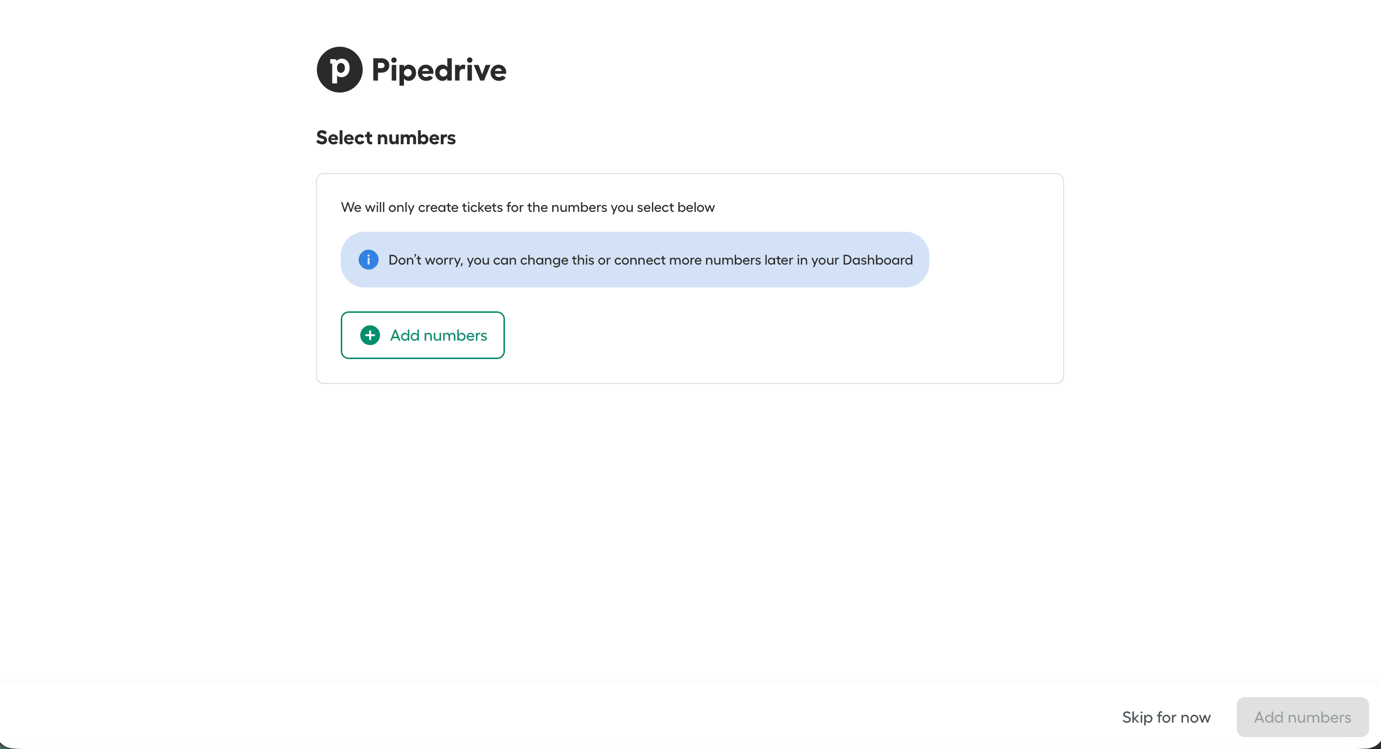 Einrichtungsbildschirm mit Aufforderung, Aircall-Rufnummern zur Verbindung mit Pipedrive auszuwählen, mit den Optionen „Rufnummern hinzufügen“ und „Vorerst überspringen“..png