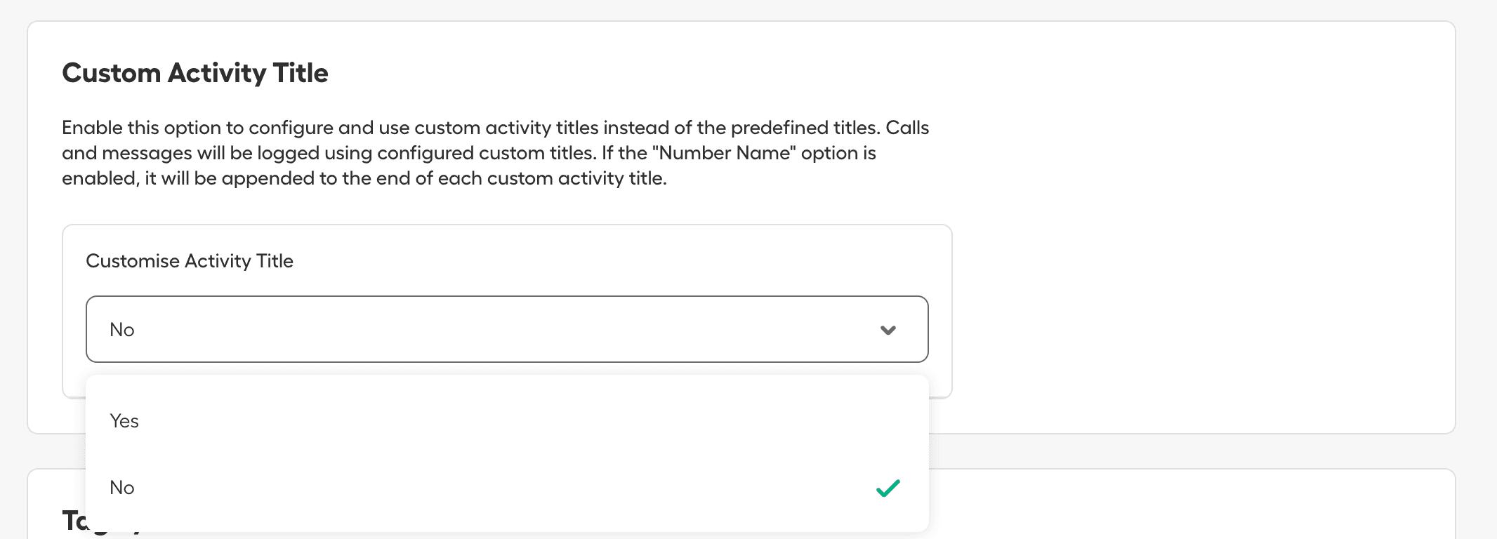 Abschnitt „Benutzerdefinierter Aktivitätstitel“ mit Dropdown zum Aktivieren oder Deaktivieren benutzerdefinierter Aktivitätstitel für Anrufe und Nachrichten..png