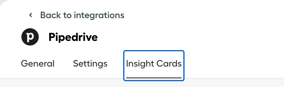 Navigationsleiste der Pipedrive-Integration mit hervorgehobener Registerkarte „Insight Cards“..png