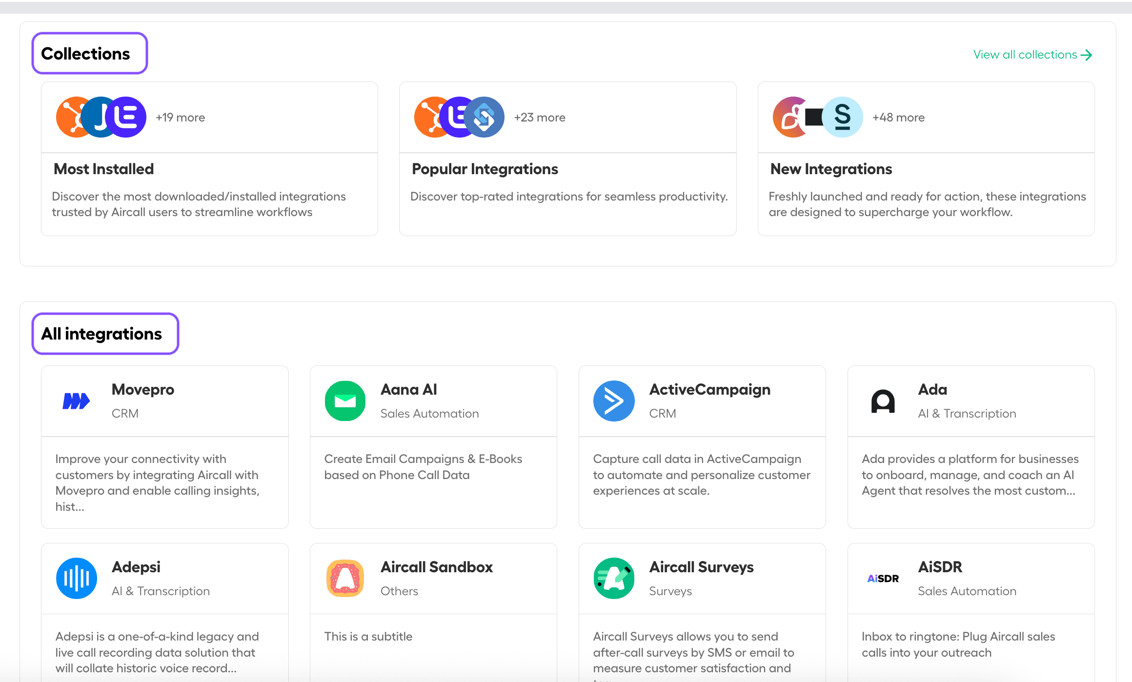 image showing Collection and All integrations sections