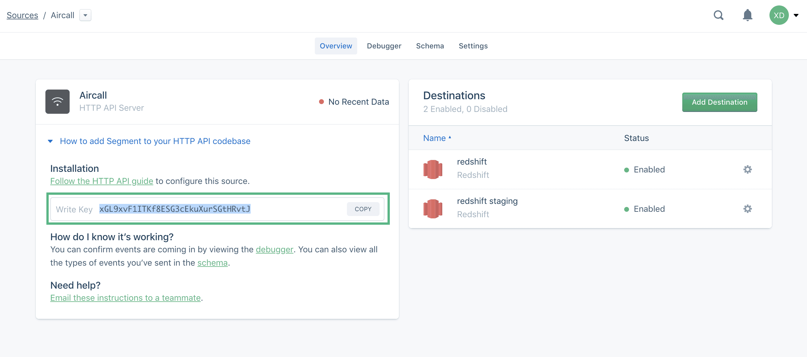 Image showing where to find the write key to copy in Segment