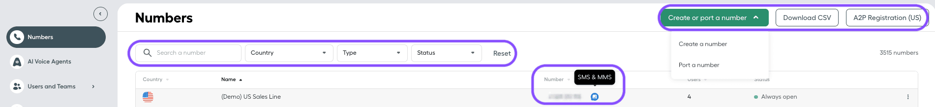 Image montrant les options dans la vue des numéros
