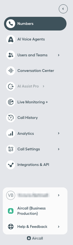 Imagen que muestra el menú lateral del Aircall Dashboard