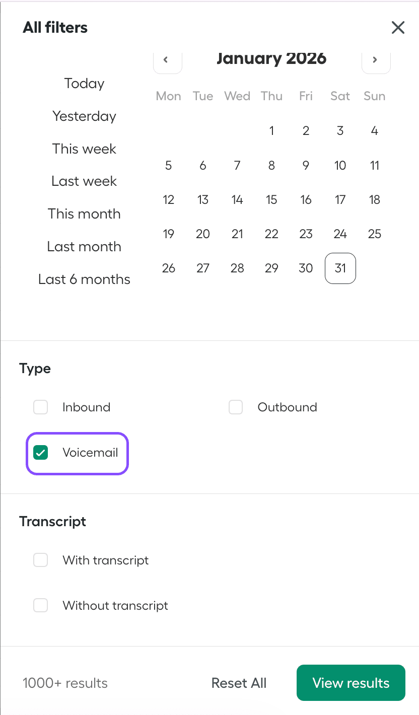 image showing the voicemail filter