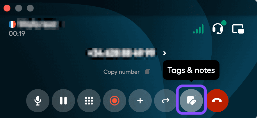 image montrant le bouton des tags et des notes pendant un appel