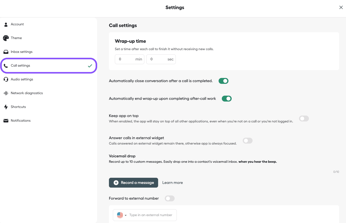 Image showing call settings section
