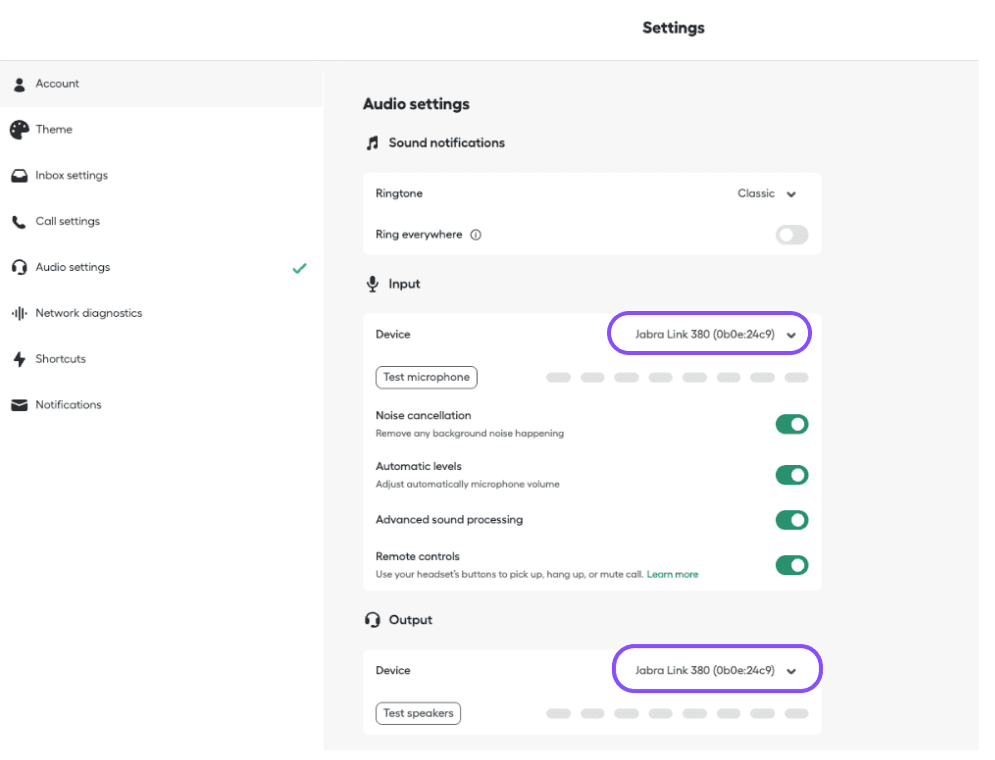 Aircall Workspace settings