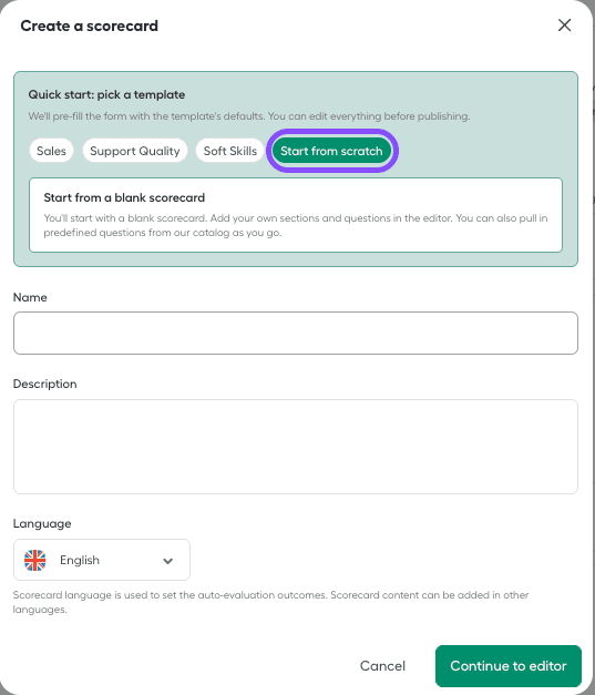 Start from scratch option in the 'create a scorecard' window