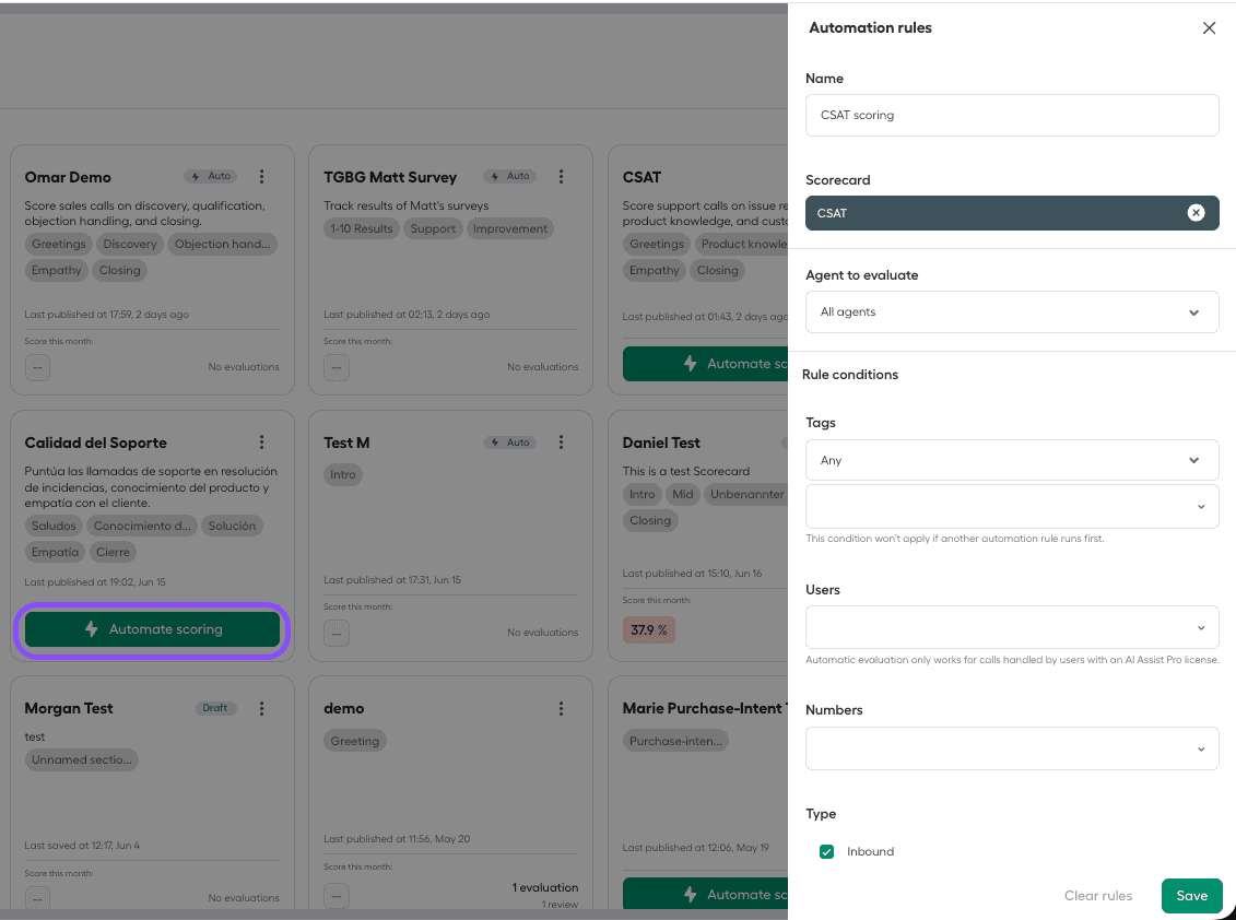 Automate scoring menu