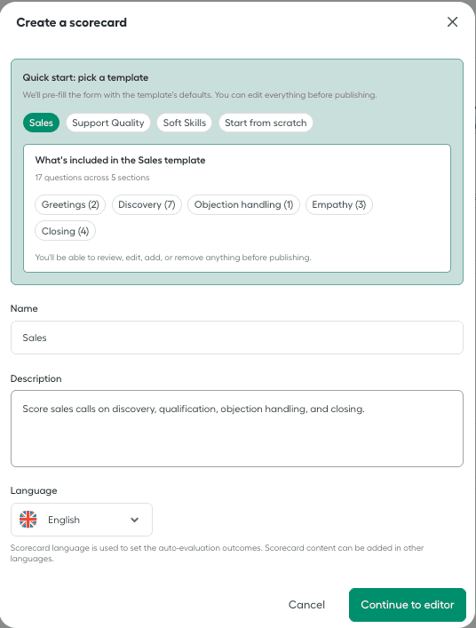 Quick start and what's included sections in the modal
