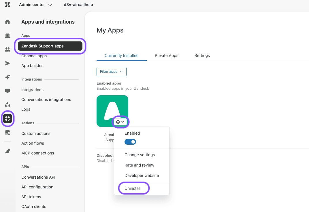 Image showing where to locate each section to reach the uninstall CTI button