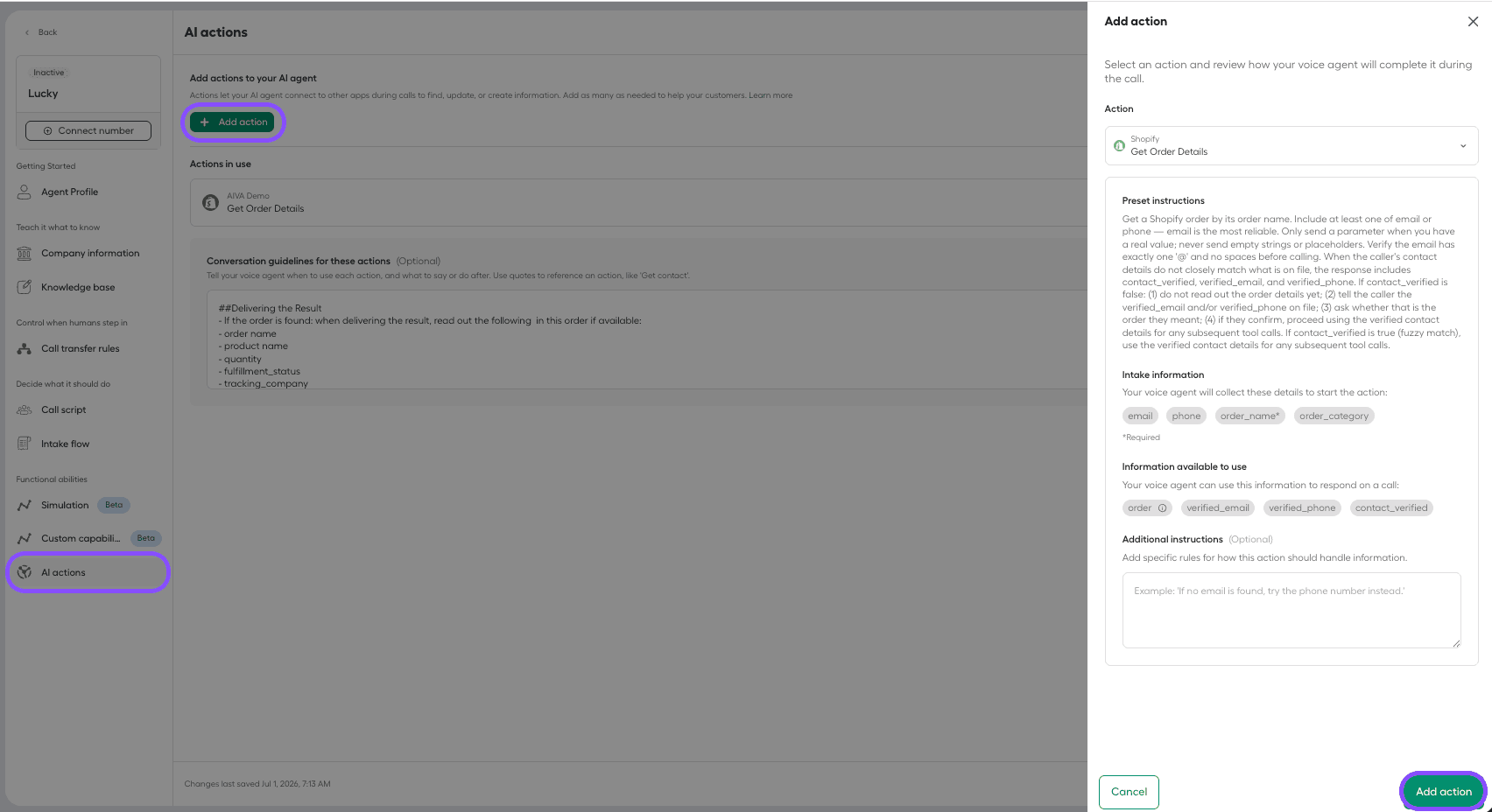 Edit action panel for the Get Order Details AI Action