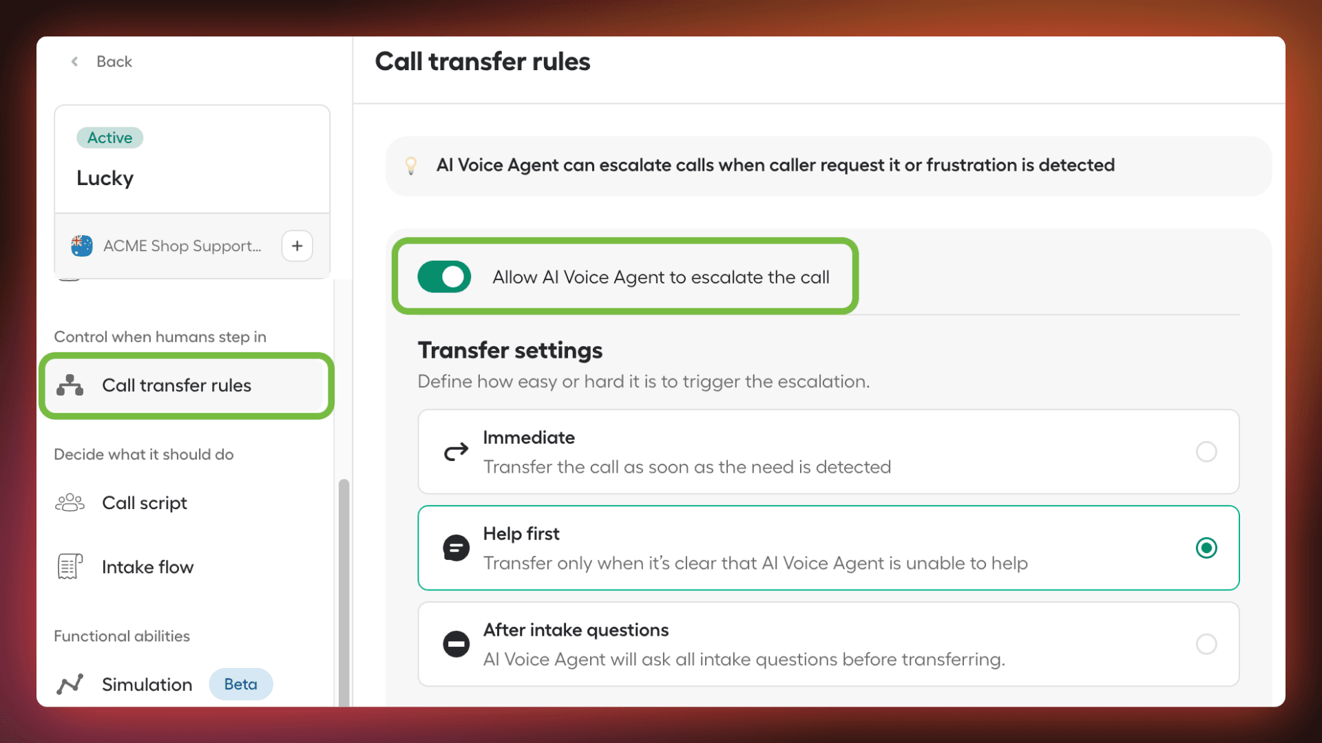 Call transfer rules panel, with Help First selected