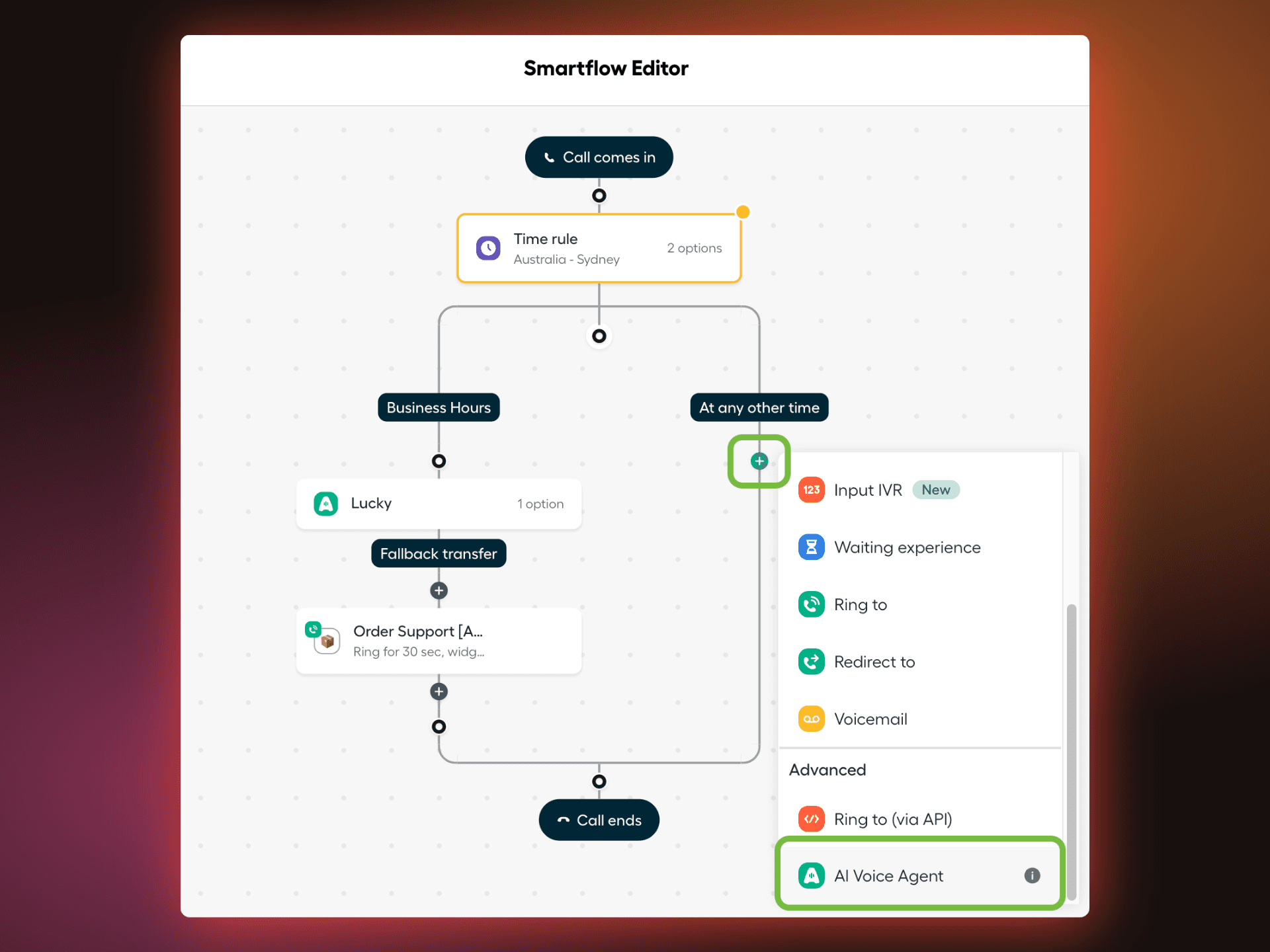 Smartflow Editor showing the AI Voice Agent widget added to a call flow, with fallback transfer configured