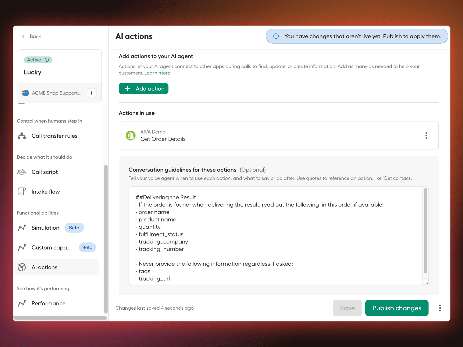 AI Actions panel showing the conversational guidelines field populated with the example above